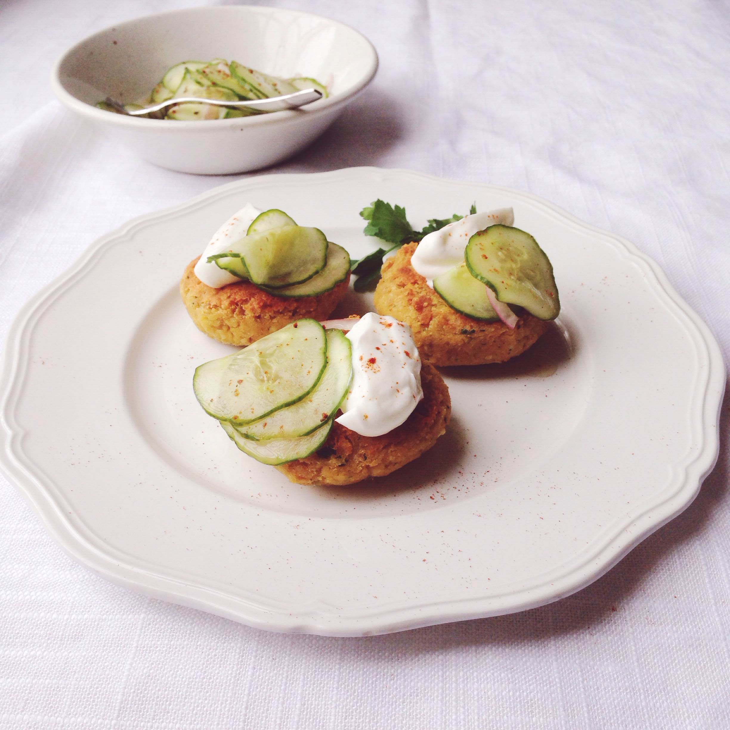 Chickpea Patties with Smoked Paprika and Feta Cheese + Greek Yogurt and Cucumber-Red Onion Relish
